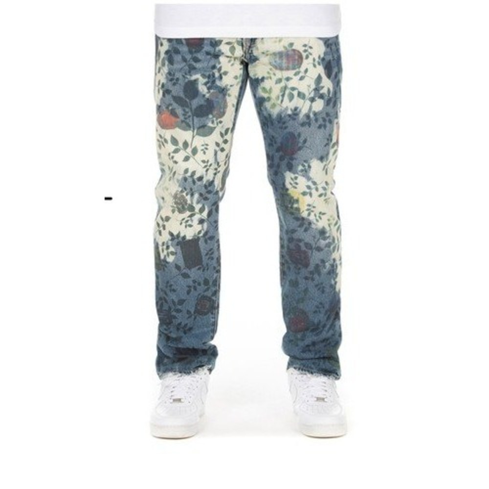 251 AKOO Mens Floral Bleach Wash Denim Jeans Light Blue Streetwear(Size 42, EUC)